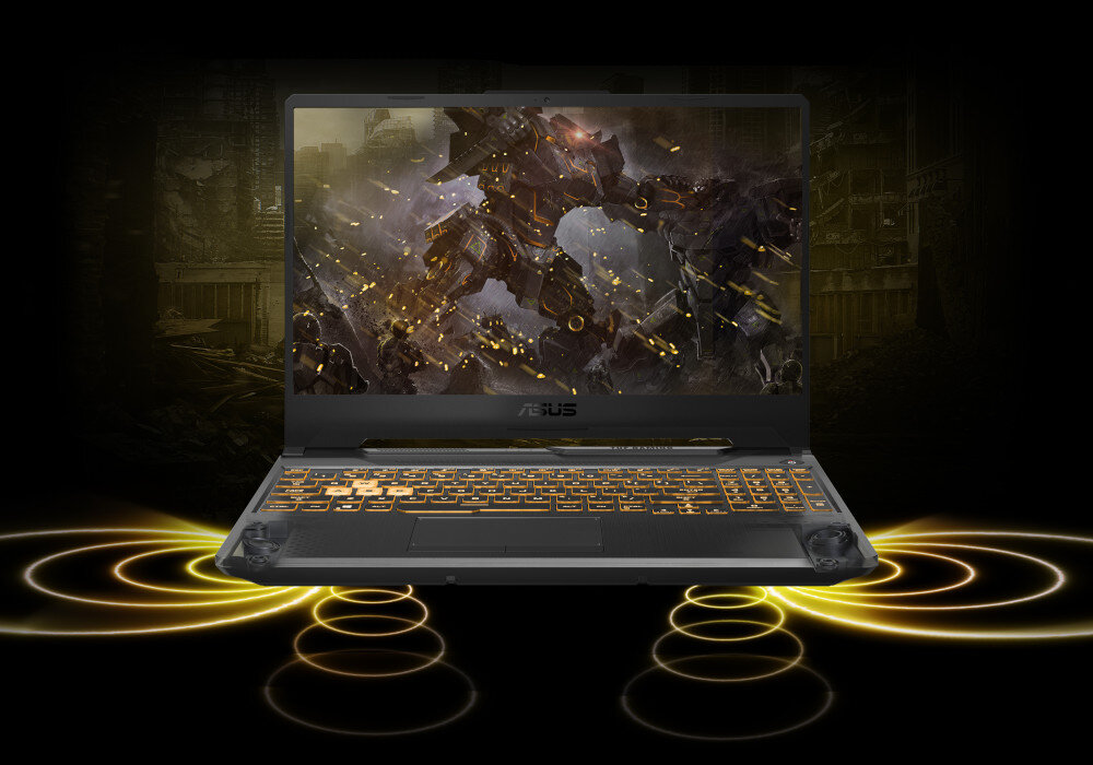 Laptop z podświetlaną klawiaturą i ekranem wyświetlającym grafikę z robotem. Na obudowie widoczne jest logo ASUS.