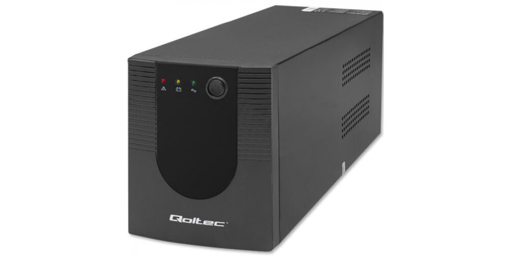 Czarny zasilacz UPS z widocznym logo \'Qoltec\' na przednim panelu. Na panelu znajdują się trzy kolorowe diody i przycisk.