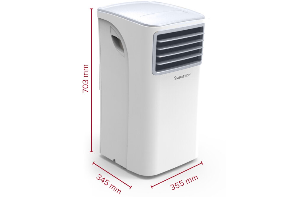 Biały klimatyzator przenośny z logo ARISTON, posiada wymiary: wysokość 703 mm, szerokość 355 mm, głębokość 345 mm. Urządzenie ma kratki wentylacyjne i uchwyt do przenoszenia.