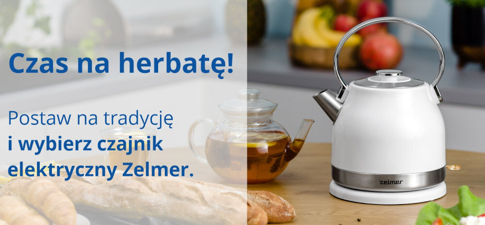 Na obrazie widoczny jest biały czajnik elektryczny marki Zelmer na drewnianym blacie, obok szklany dzbanek z herbatą. Tekst na obrazie: \'Czas na herbatę! Postaw na tradycję i wybierz czajnik elektryczny Zelmer.\'