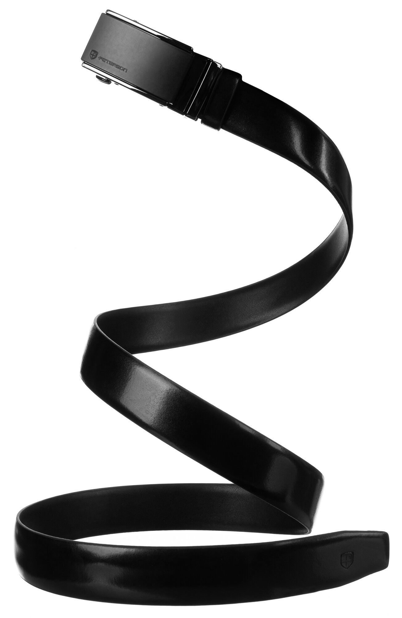 Czarny, elegancki pasek skórzany z automatyczną klamrą, zwinięty w spiralę. Na klamrze widoczne jest logo PETERSON.