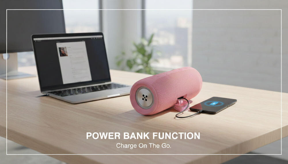 Na biurku znajduje się różowy głośnik mobilny obok laptopa i smartfona. Na obrazie widoczny jest tekst: \'POWER BANK FUNCTION Charge On The Go.\'