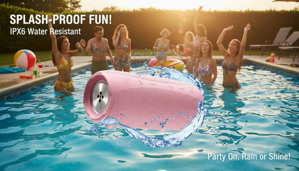Na obrazie widać różowy głośnik mobilny unoszący się nad basenem, otoczony wodą. Widoczny tekst to: \'SPLASH-PROOF FUN! IPX6 Water Resistant\' oraz \'Party On, Rain or Shine!\'.
