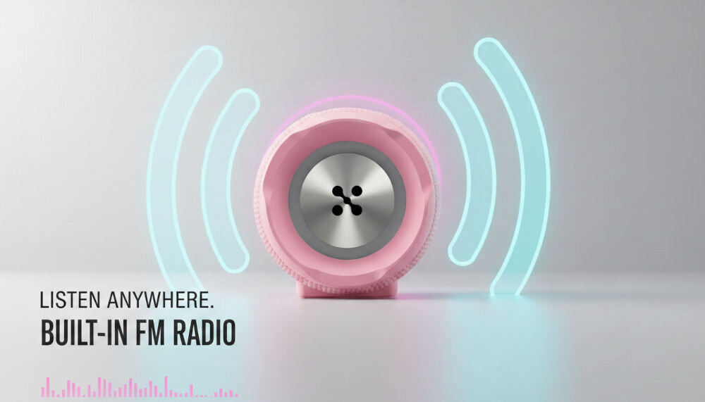 Głośnik przenośny Xmusic z wbudowanym radiem FM, widoczny od strony membrany z neonowym podświetleniem LED i napisem „Listen anywhere. Built-in FM Radio.”>
</div>
</div>
</div>
<div class=