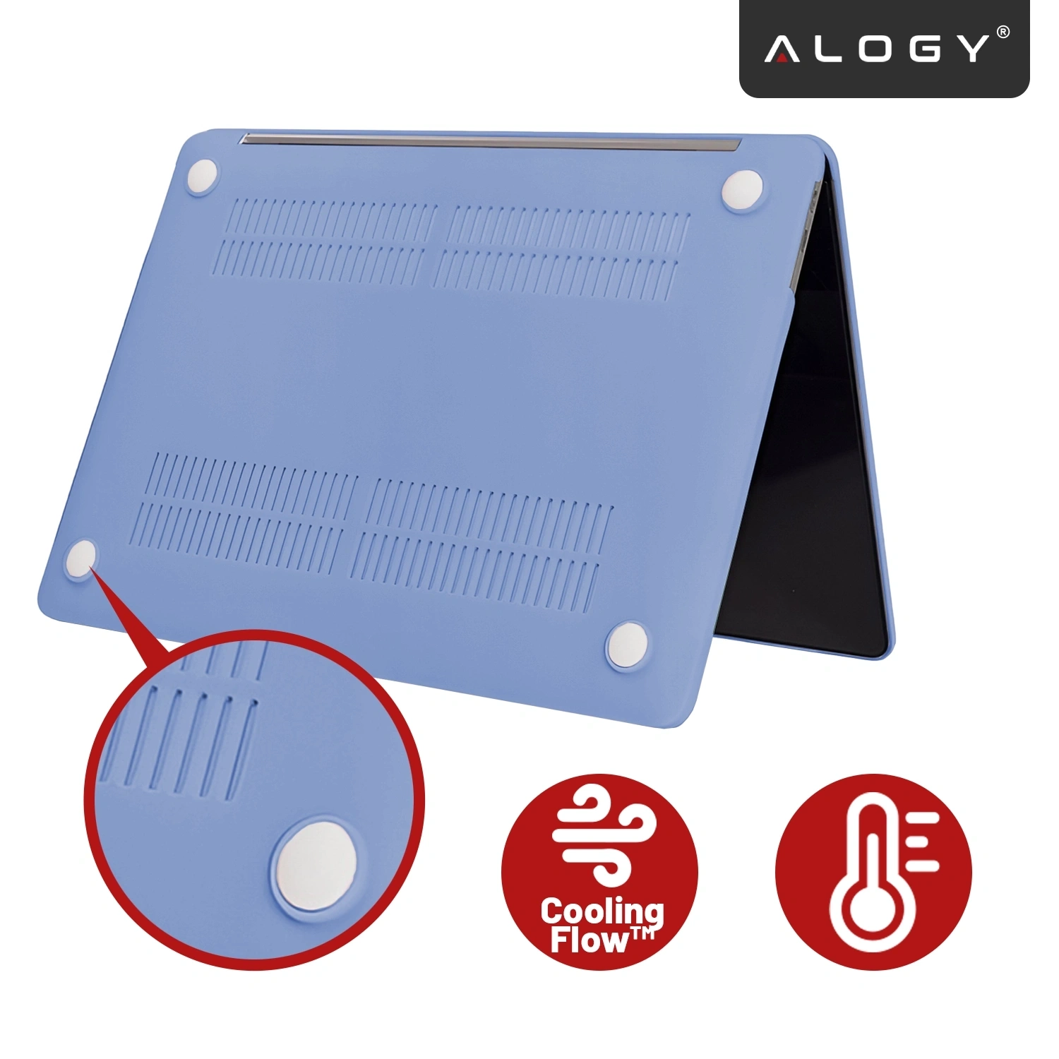 Na obrazie widoczne jest lawendowe etui ochronne do laptopa z logo \'ALOGY\'. Etui posiada otwory wentylacyjne oraz cztery białe podkładki, a obok znajduje się symbol \'Cooling Flow™\'.