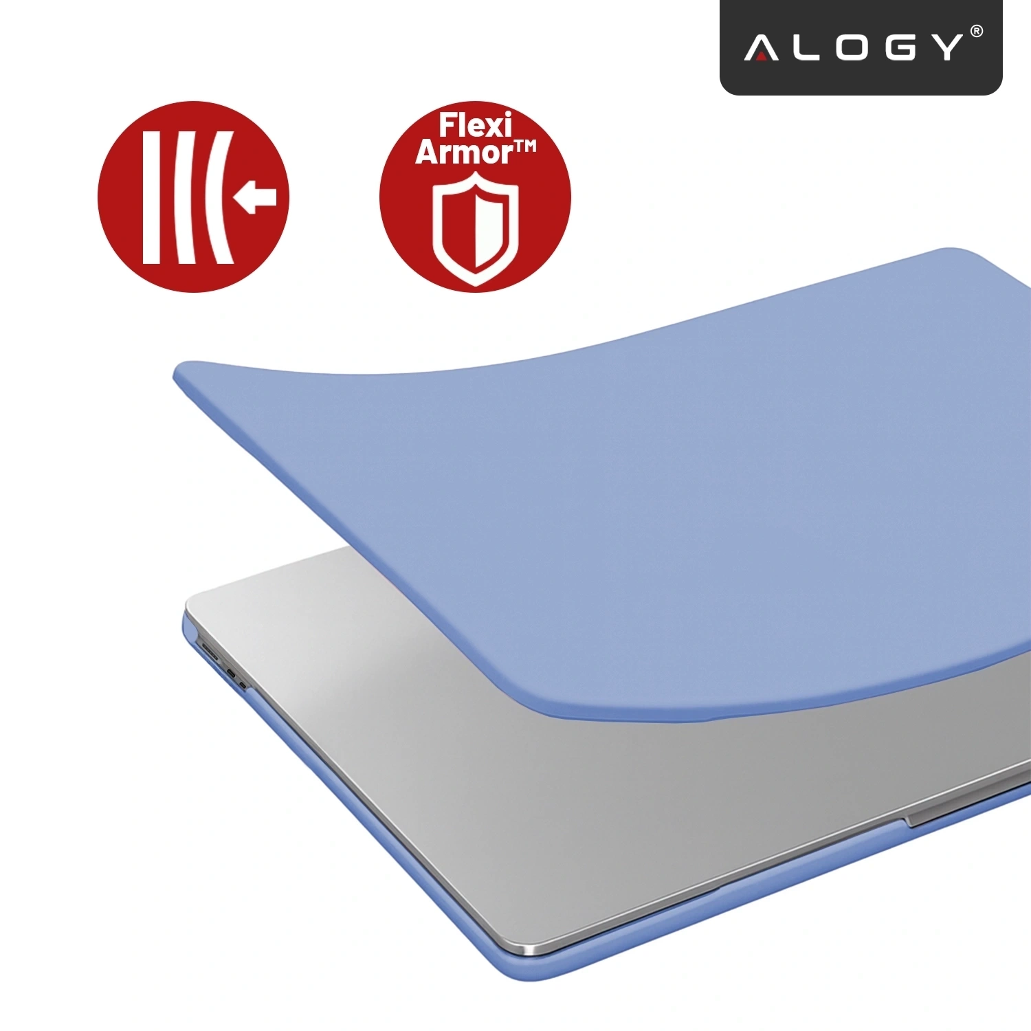 Na obrazie widoczne jest lawendowe etui ochronne na laptopa, częściowo nałożone na urządzenie. Obok znajdują się dwa czerwone symbole z napisami: \'Flexi Armor™\' oraz logo \'ALOGY\'.
