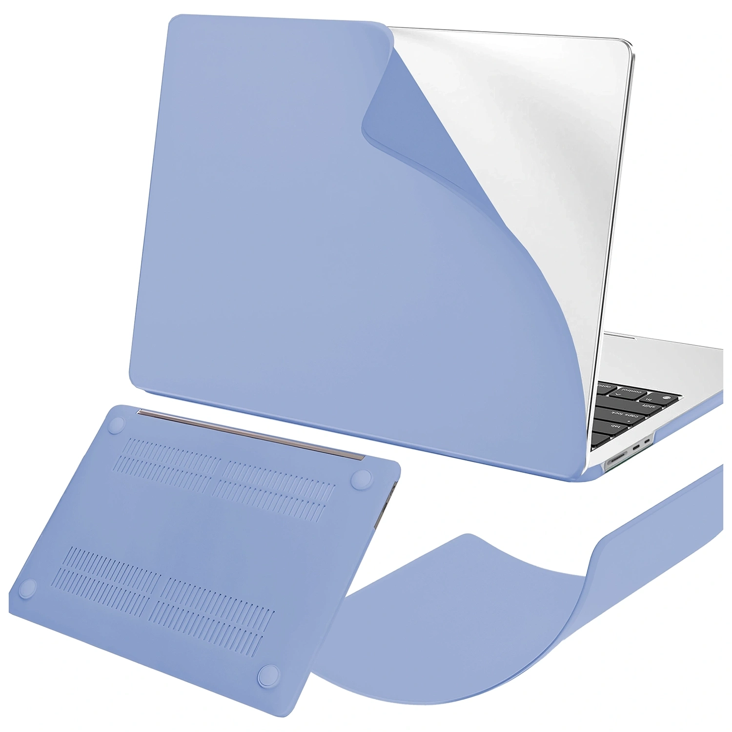 Obraz przedstawia lawendowe etui ochronne na laptopa, które jest elastyczne i matowe. Etui jest pokazane na laptopie oraz osobno, z widocznymi otworami wentylacyjnymi na spodzie.