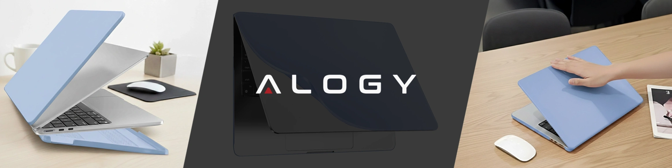 Obraz przedstawia trzy ujęcia laptopa z nałożonym lawendowym etui ochronnym. Na środkowym ujęciu widoczne jest logo \'ALOGY\'.