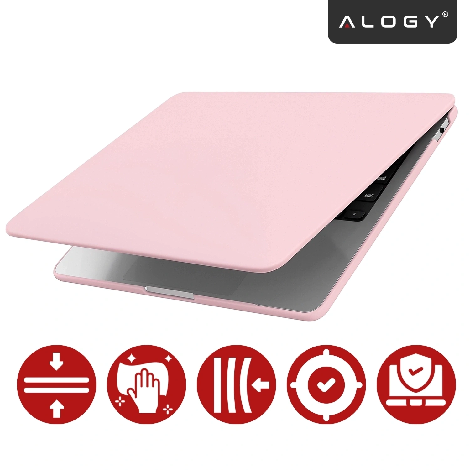 Różowe etui ochronne na laptopa z logo \'ALOGY\' w górnym rogu. Na dole widoczne są czerwone ikony symbolizujące różne cechy produktu.