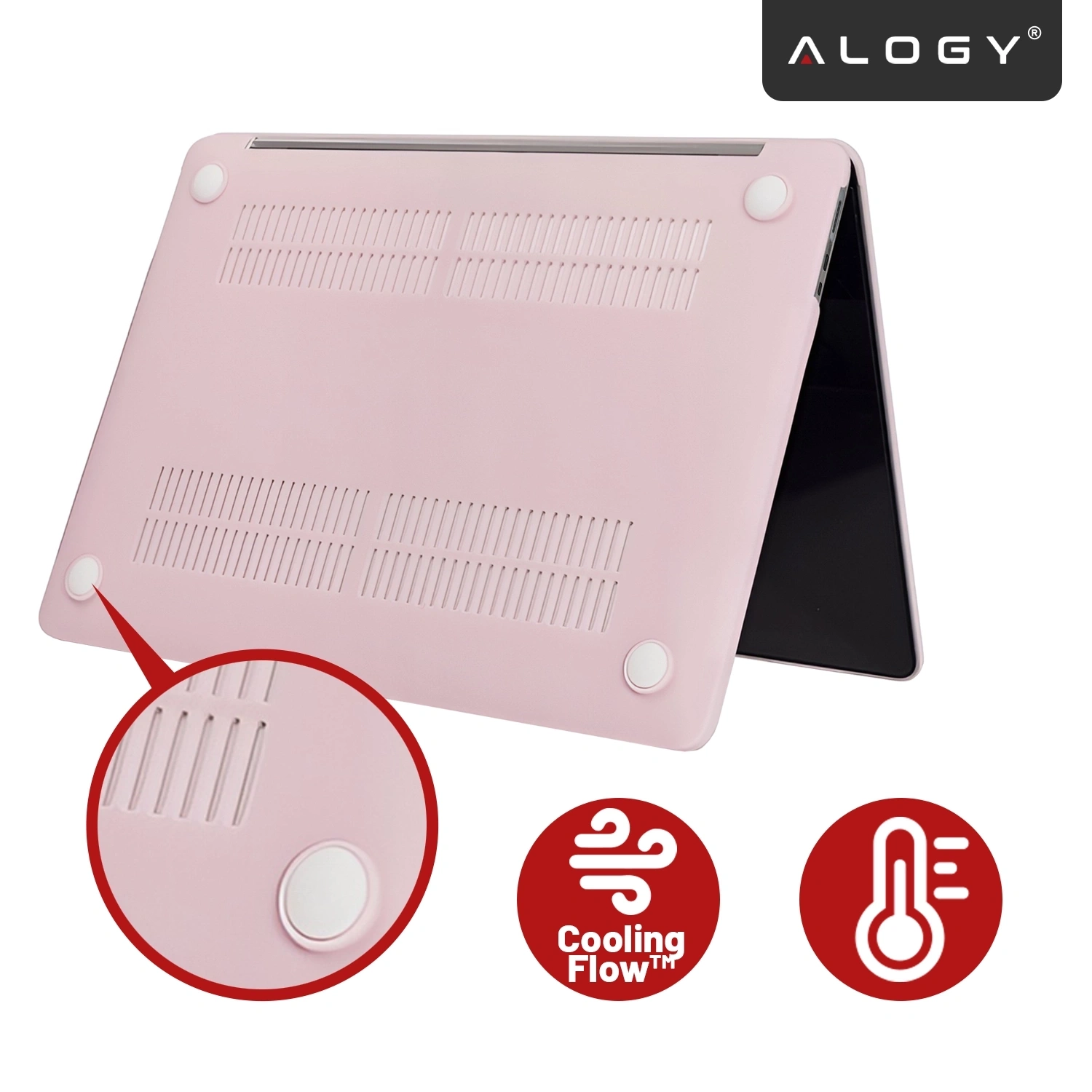 Różowe etui ochronne na laptopa z widocznymi otworami wentylacyjnymi i białymi podkładkami antypoślizgowymi. Logo \'ALOGY\' znajduje się w górnym rogu, a poniżej są ikony z napisami \'Cooling Flow™\'.