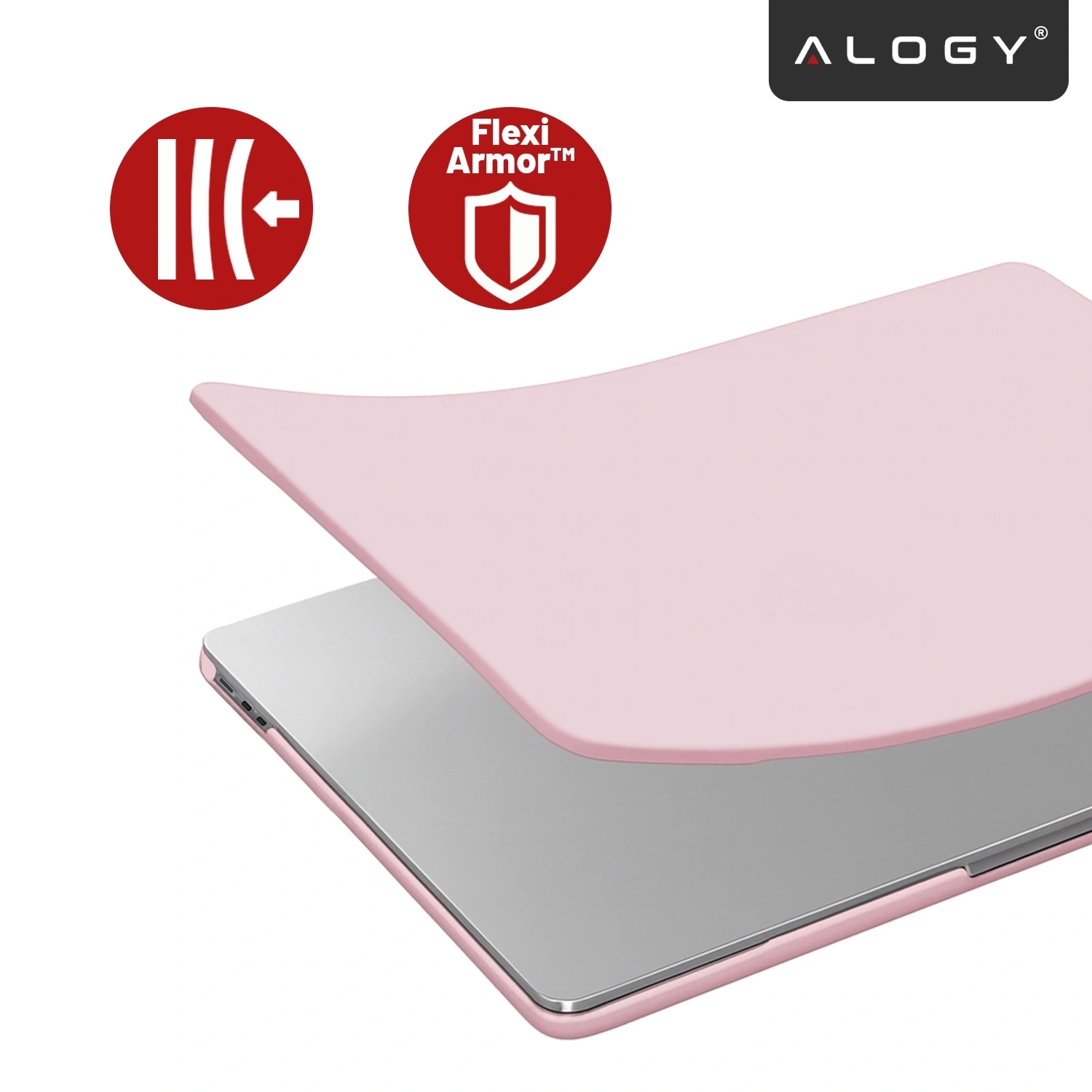 Różowe etui ochronne na laptopa unosi się nad srebrnym MacBookiem. Obok widoczne są dwa czerwone symbole z napisami: \'Flexi Armor™\'.