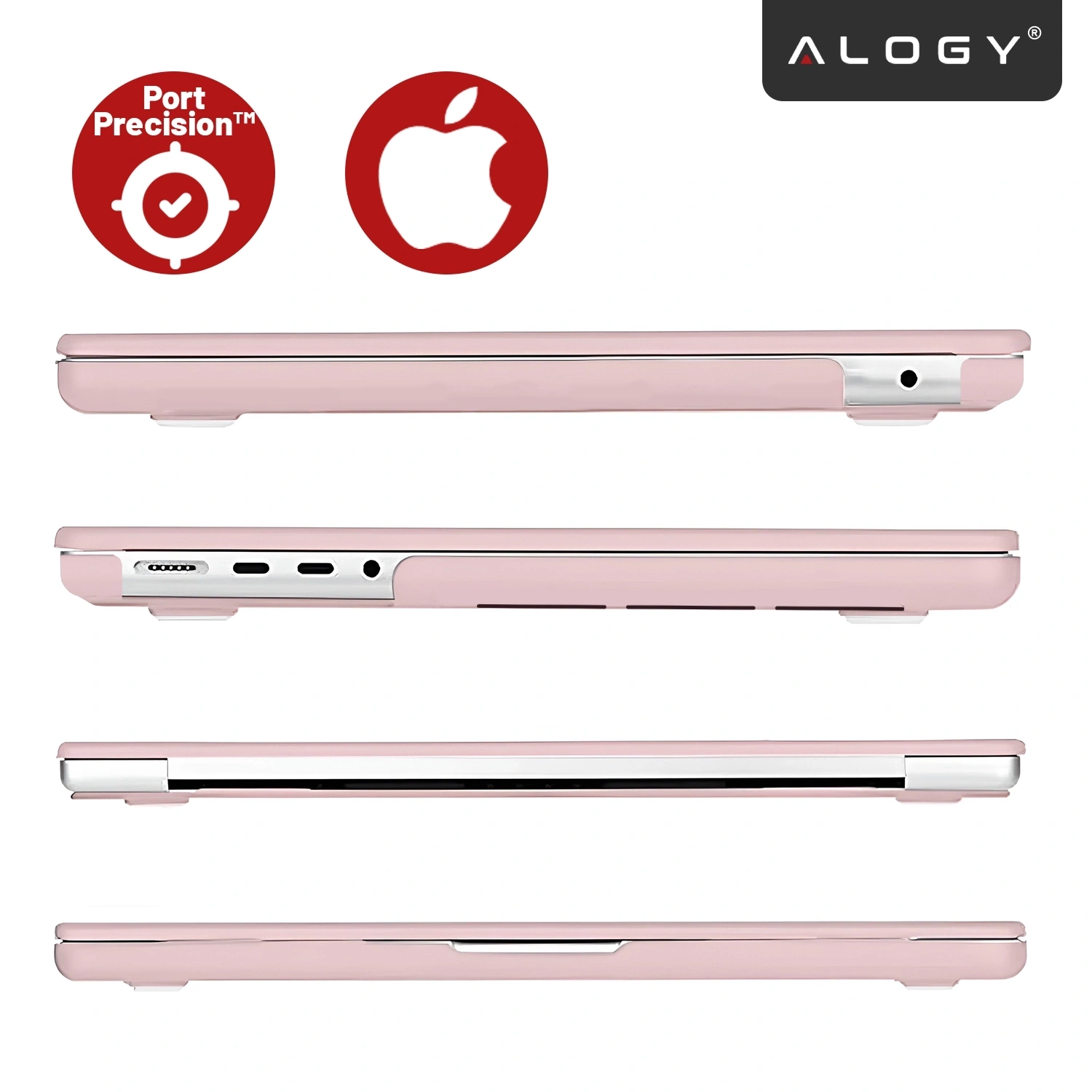 Obraz przedstawia różowe etui na laptopa z widocznymi portami i logo Alogy. Obok znajdują się dwa czerwone symbole: \'Port Precision™\' i logo Apple.