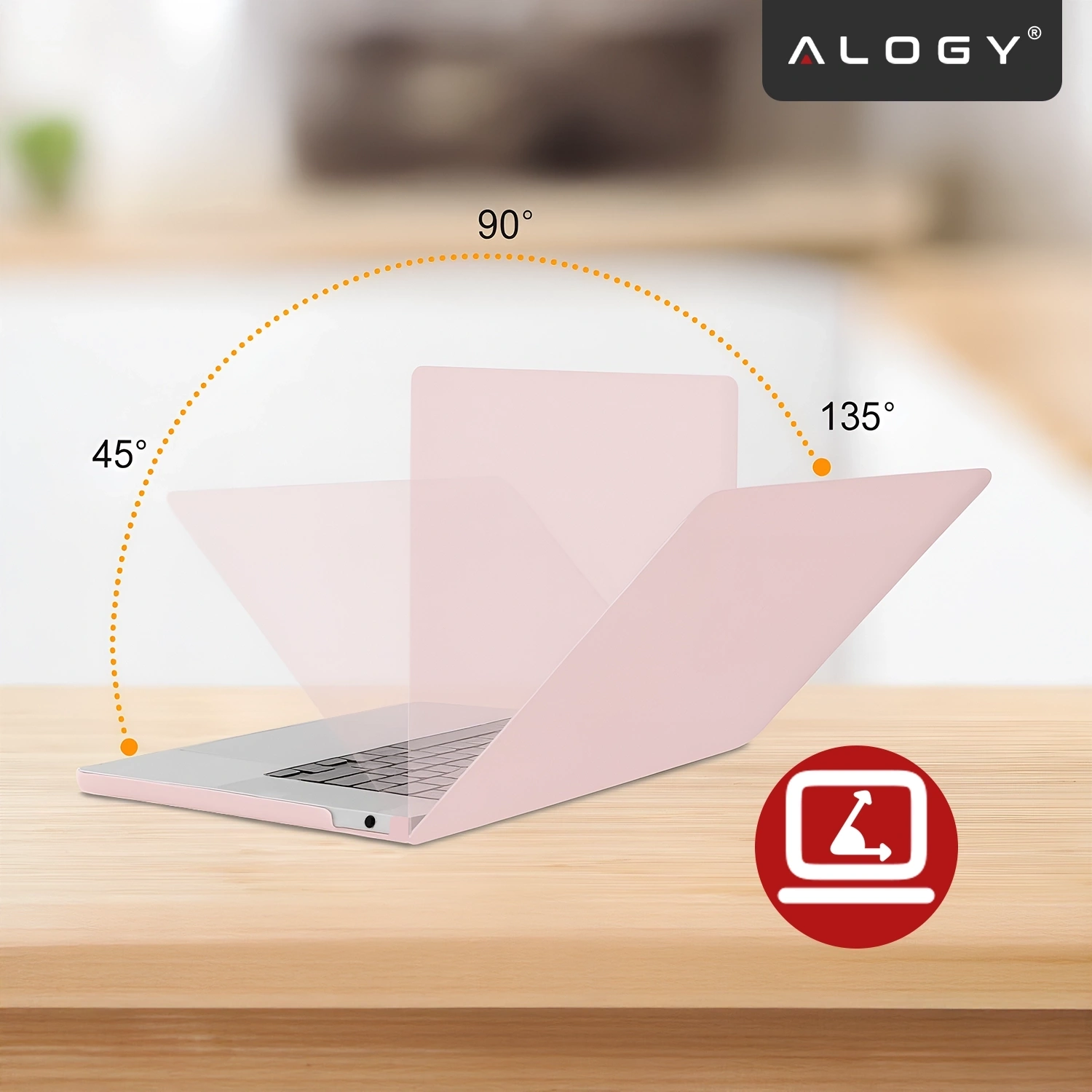 Różowe etui ochronne na laptopa z logo \'ALOGY\' w górnym rogu. Widoczne kąty otwarcia 45°, 90° i 135° oraz ikona laptopa na czerwonym tle.