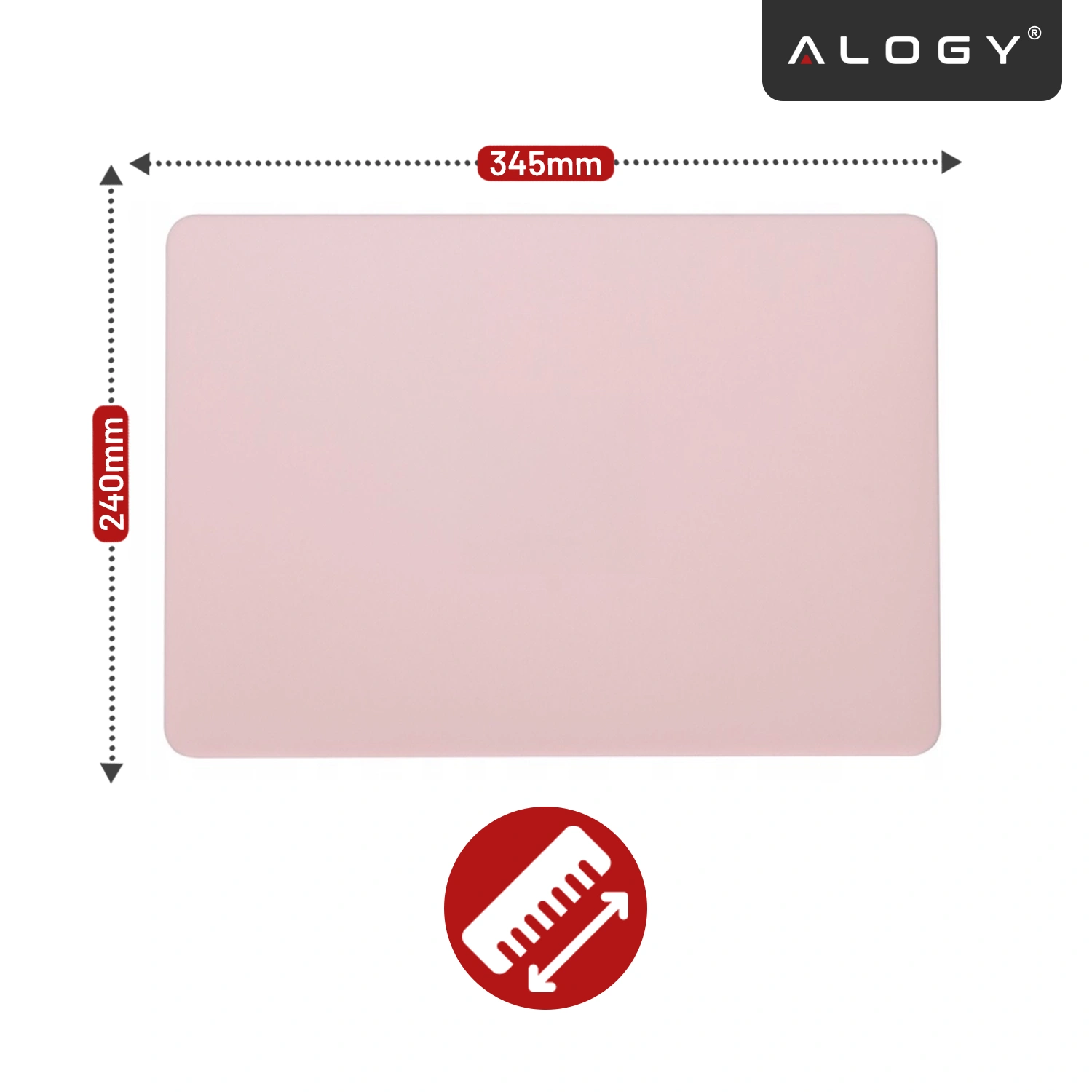 Różowe etui o wymiarach 345mm na 240mm. Logo \'ALOGY\' znajduje się w prawym górnym rogu.