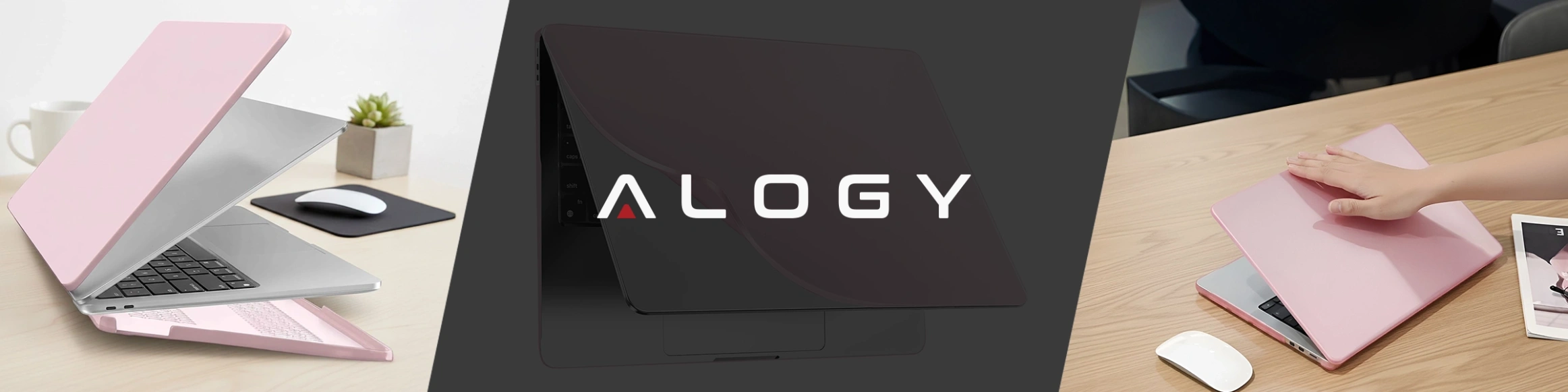 Obraz przedstawia trzy ujęcia laptopa z różowym etui ochronnym. Na środkowym ujęciu widoczne jest logo \'ALOGY\'.