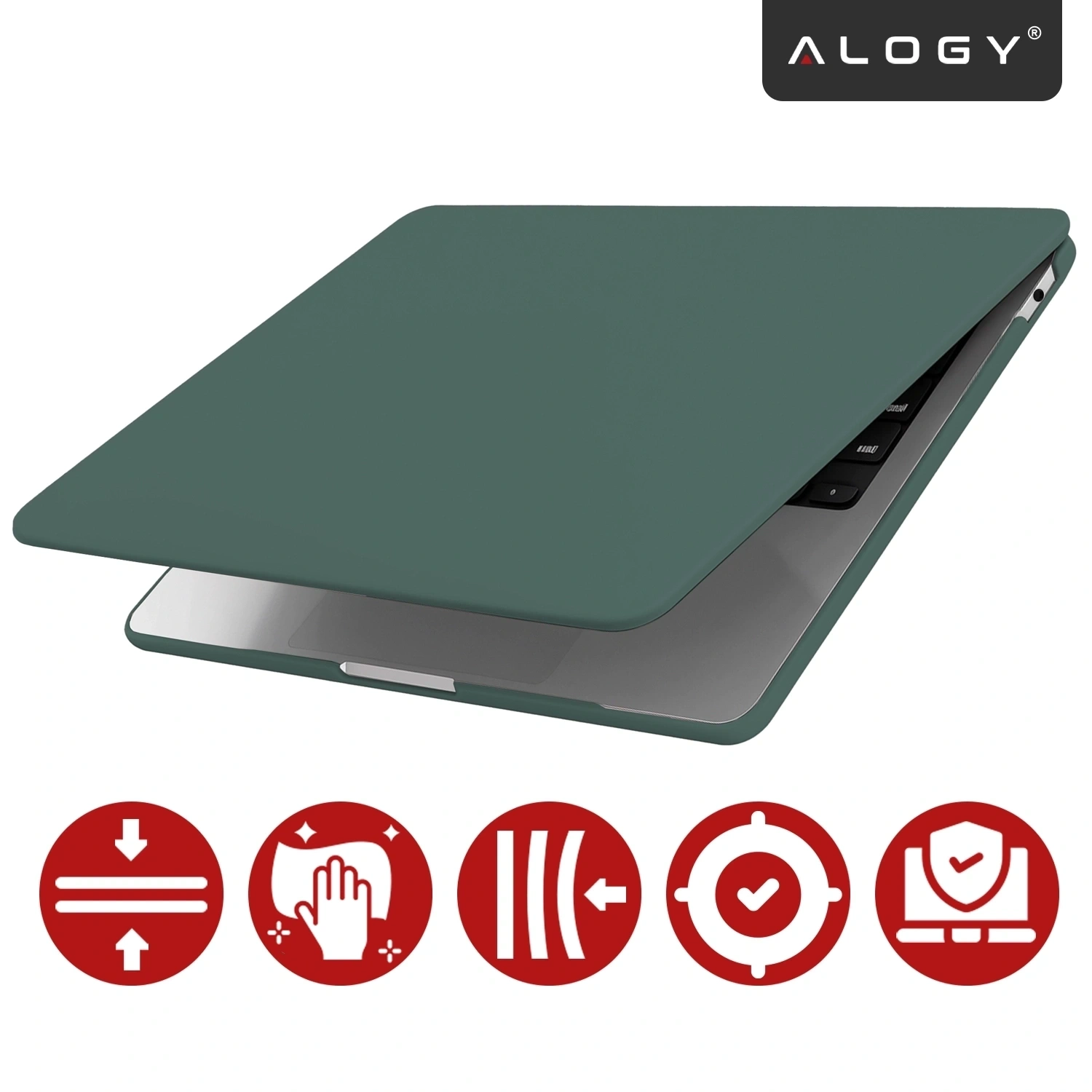 Zielone, matowe etui na laptopa z logo \'ALOGY\' w górnym rogu. Na dole widoczne są czerwone ikony symbolizujące różne cechy produktu.