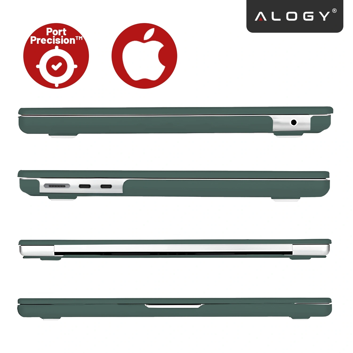 Obraz przedstawia zielone etui na laptopa z widocznymi portami i logo Alogy. Obok znajdują się dwa czerwone symbole: \'Port Precision™\' i logo Apple.