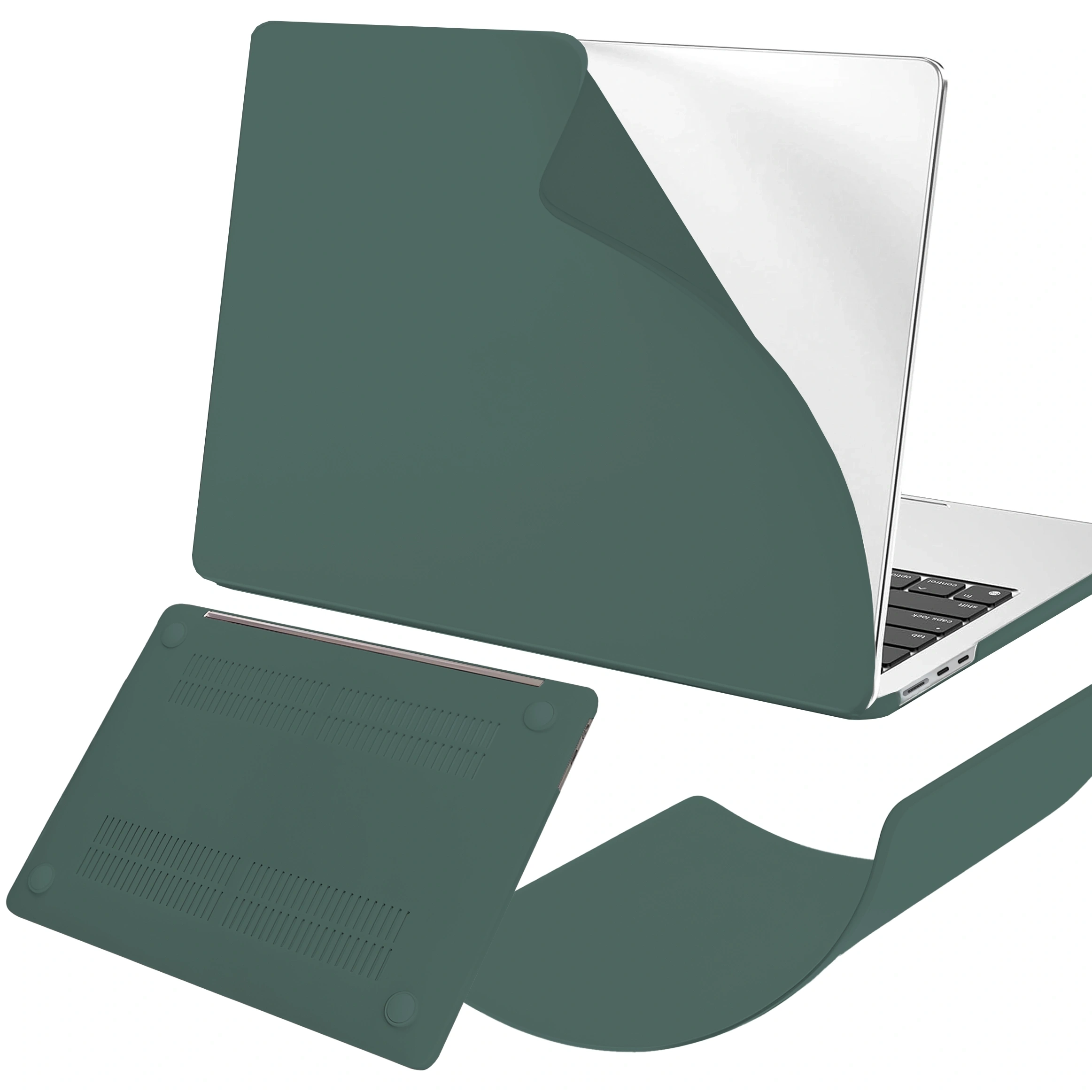 Obraz przedstawia zielone, matowe etui na laptopa, które jest elastyczne i odporne na zarysowania. Etui jest pokazane na laptopie oraz osobno, z widocznymi otworami wentylacyjnymi na spodzie.