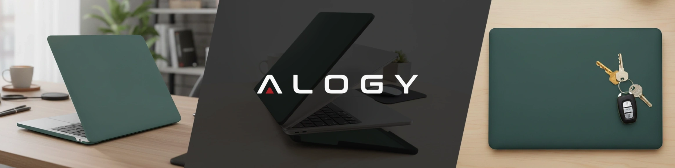 Obraz przedstawia zielone etui na laptopa umieszczone na biurku, obok którego leżą klucze. Na środku widoczne jest logo \'ALOGY\'.
