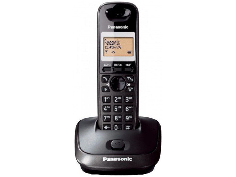 Bezprzewodowy telefon stacjonarny z wyświetlaczem LCD, na którym widoczny jest napis \'Panasonic 1234567890\'. Telefon umieszczony jest na stacji dokującej z logo \'Panasonic\'.