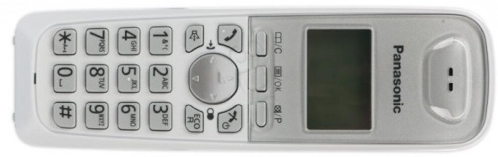 Srebrny telefon bezprzewodowy z wyświetlaczem i klawiaturą numeryczną. Na obudowie widoczne jest logo \'Panasonic\'.