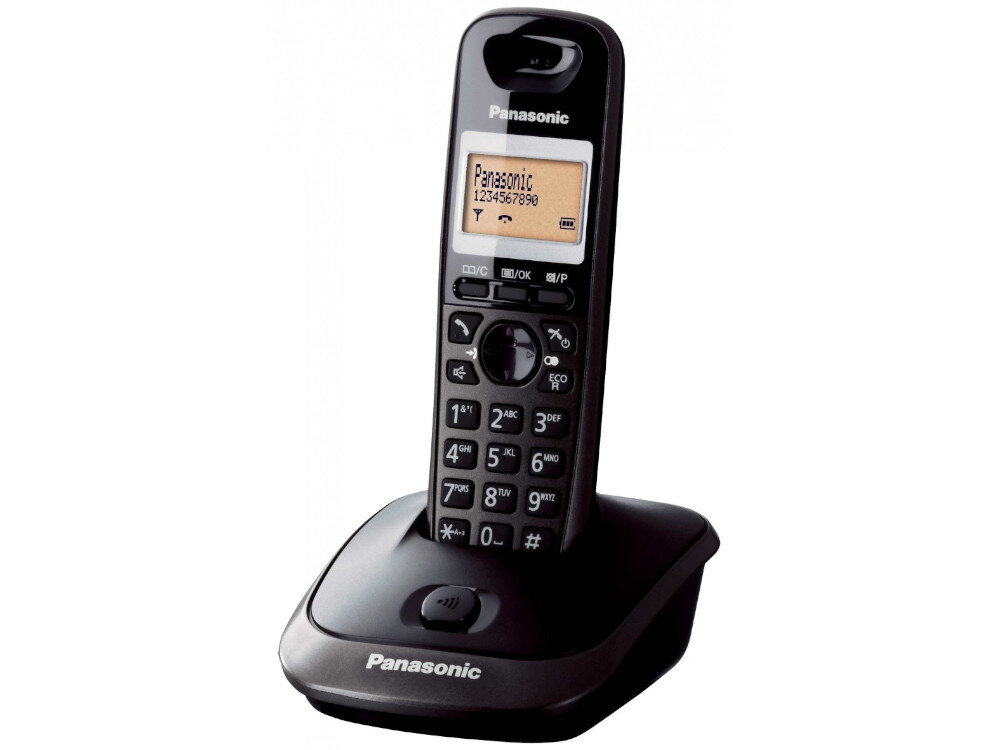 Bezprzewodowy telefon stacjonarny z wyświetlaczem LCD, na którym widnieje napis \'Panasonic 1234567890\'. Telefon umieszczony jest na stacji dokującej z logo \'Panasonic\'.