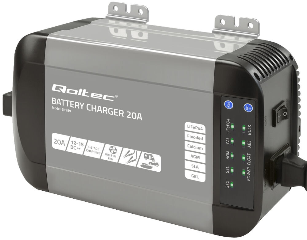 Na obrazie widoczna jest inteligentna ładowarka Qoltec Battery Charger 20A, model 51959, z oznaczeniami dotyczącymi różnych typów akumulatorów, takich jak LiFePo4, AGM, SLA i GEL. Na panelu znajdują się diody LED oraz przyciski do wyboru trybu ładowania.