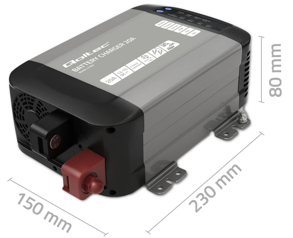 Na obrazie widoczna jest inteligentna ładowarka z napisem \'Qoltec BATTERY CHARGER 20A\'. Wymiary urządzenia to 150 mm x 230 mm x 80 mm.