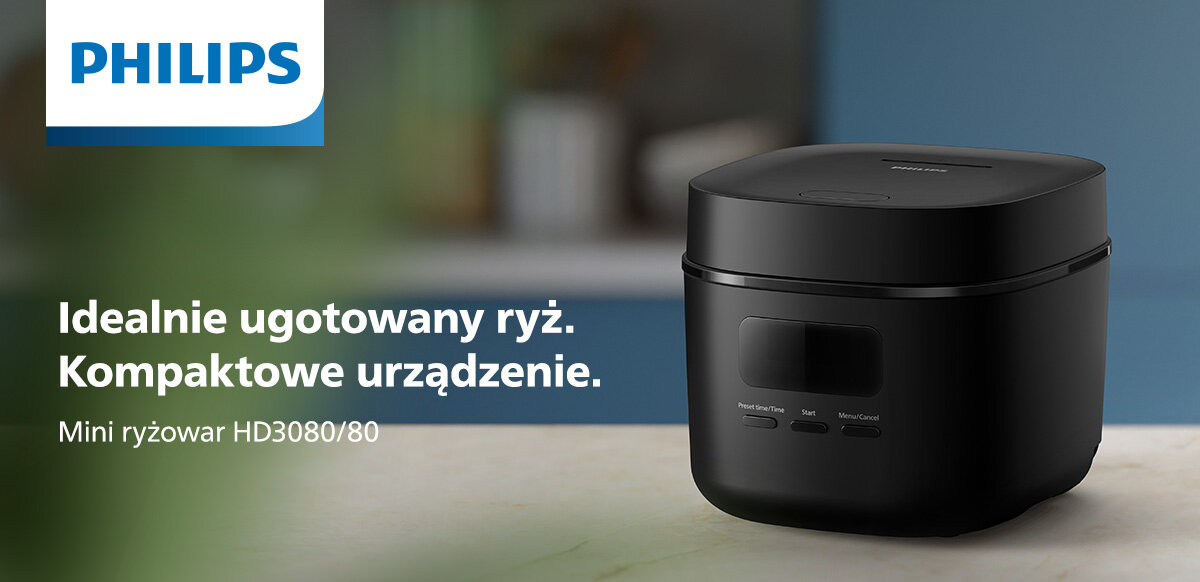 Na obrazie widoczny jest czarny ryżowar z wyświetlaczem i przyciskami, obok którego znajduje się tekst: \'Idealnie ugotowany ryż. Kompaktowe urządzenie. Mini ryżowar HD3080/80\'. W lewym górnym rogu widnieje logo PHILIPS.