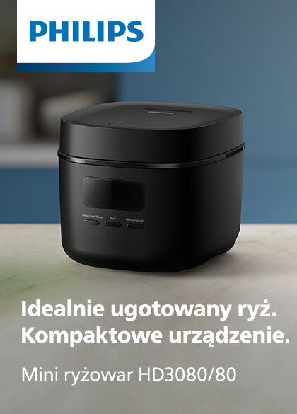 Na obrazie widoczny jest czarny ryżowar z logo PHILIPS na górze. Tekst na dole brzmi: \'Idealnie ugotowany ryż. Kompaktowe urządzenie. Mini ryżowar HD3080/80\'.