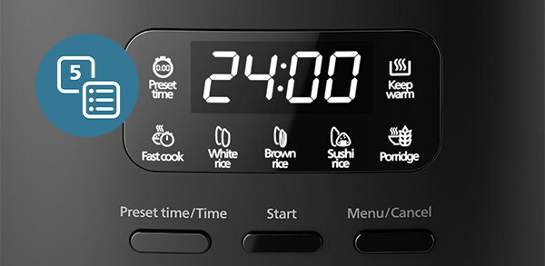 Panel sterowania z wyświetlaczem pokazującym \'24:00\' oraz ikonami: Preset time, Keep warm, Fast cook, White rice, Brown rice, Sushi rice, Porridge. Poniżej znajdują się przyciski: Preset time/Time, Start, Menu/Cancel.