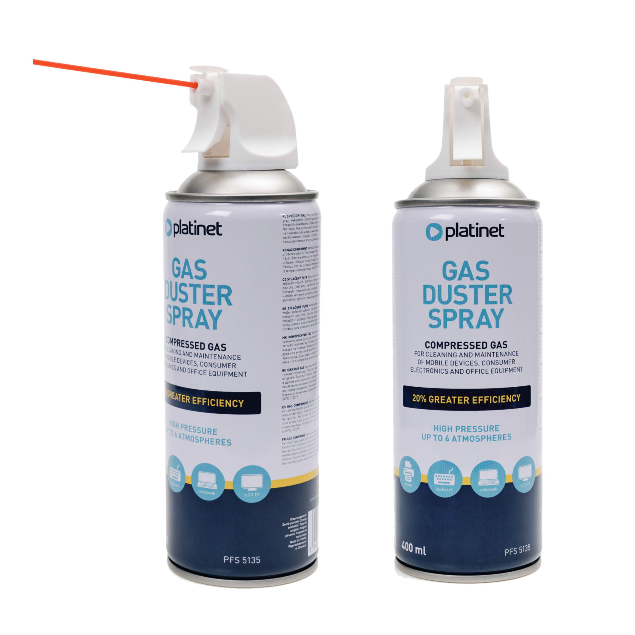 Dwa pojemniki z napisem \'Platinet Gas Duster Spray\' z widocznym pistoletem powietrznym na jednym z nich. Na etykiecie znajduje się informacja o wysokiej wydajności i ciśnieniu do 6 atmosfer.