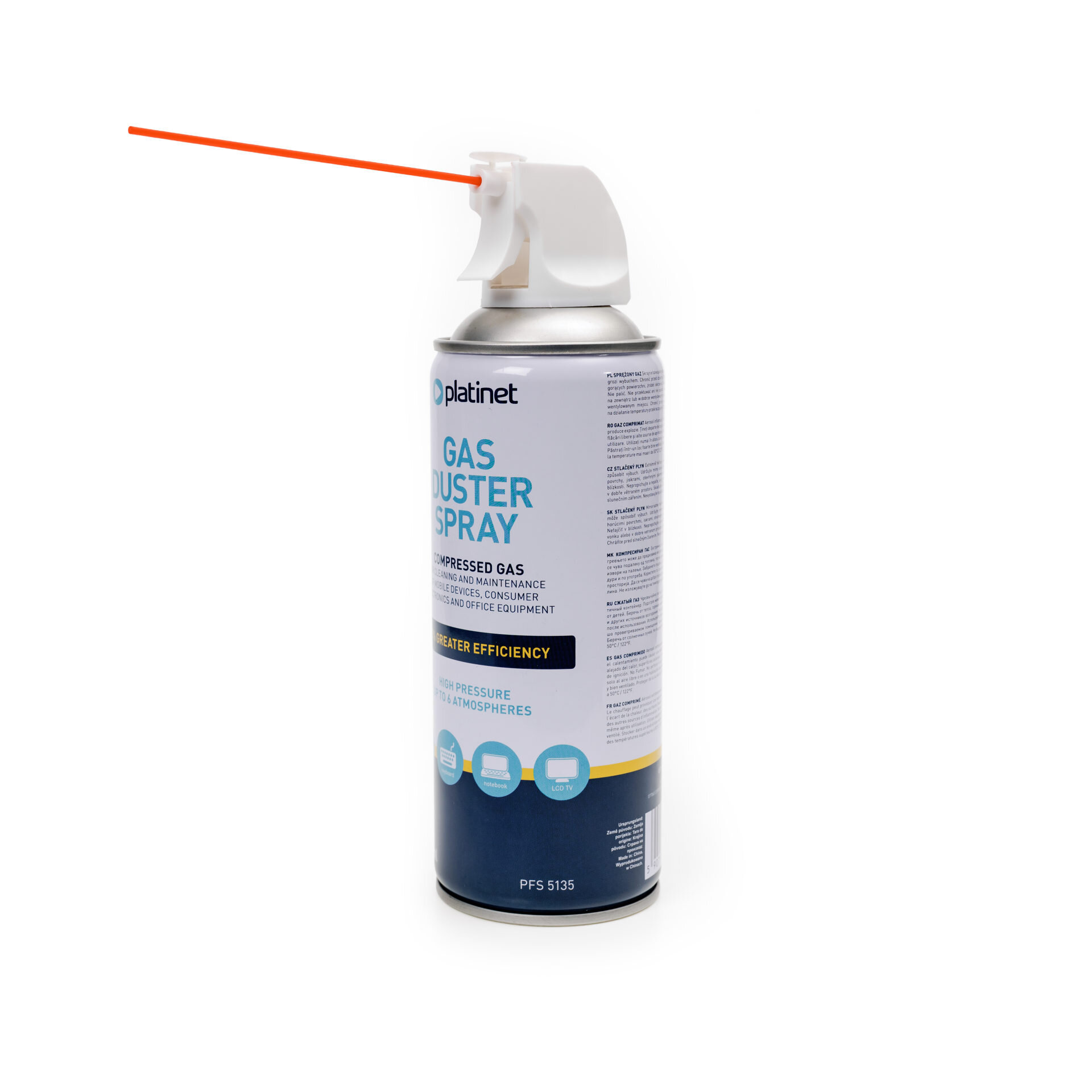 Puszka sprężonego powietrza z pistoletem, oznaczona jako \'platinet GAS DUSTER SPRAY\'. Na etykiecie widnieje napis \'GREATER EFFICIENCY\'.