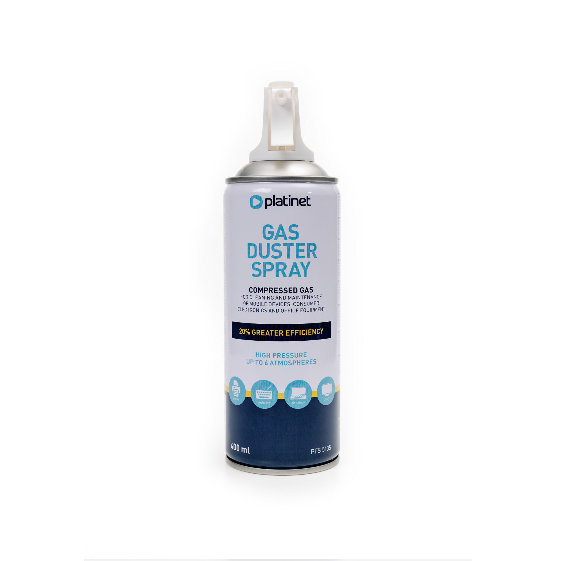 Na obrazie widoczna jest puszka z napisem \'platinet GAS DUSTER SPRAY\'. Puszka ma pojemność 400 ml i jest przeznaczona do czyszczenia elektroniki.