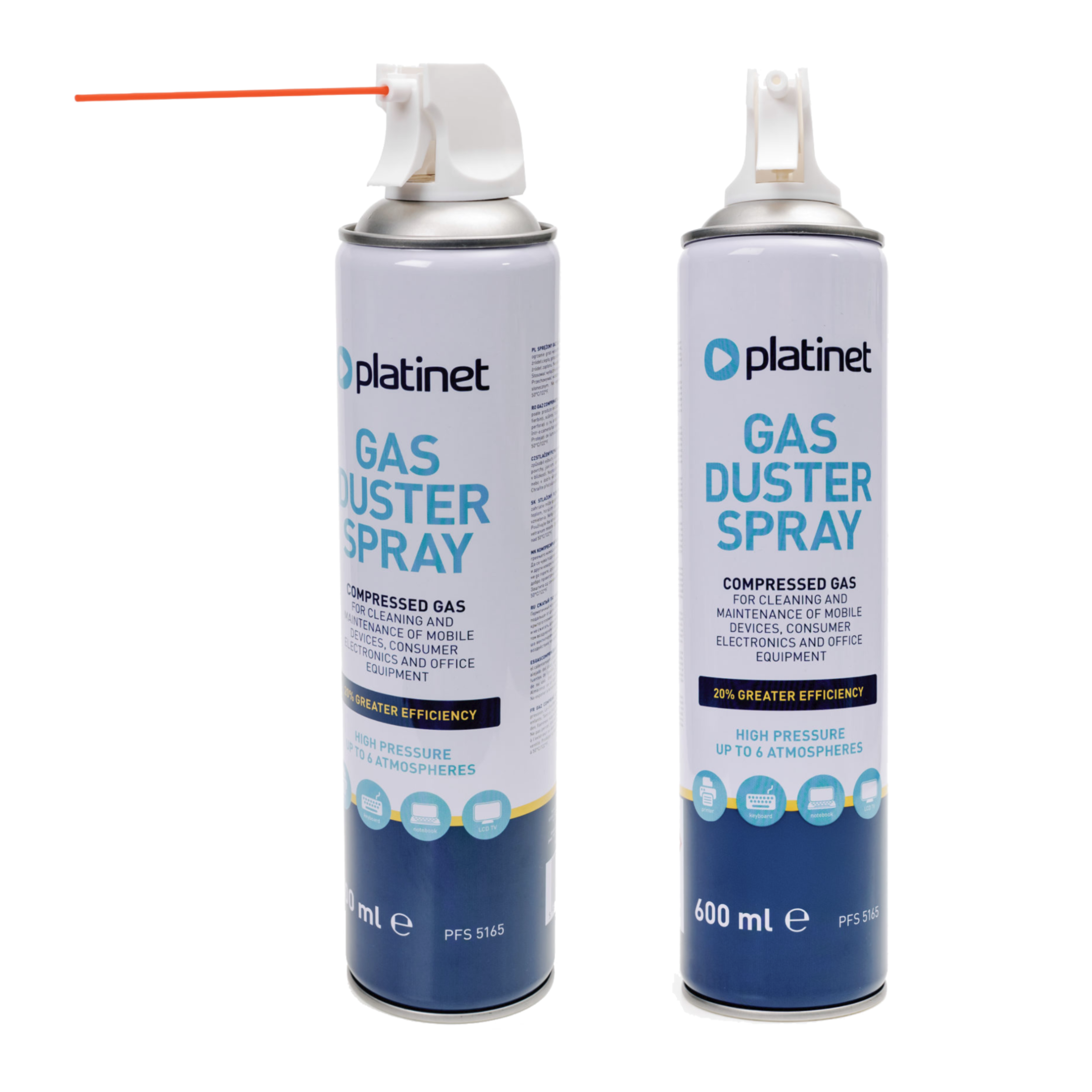 Na obrazie widoczne są dwa pojemniki z napisem \'platinet GAS DUSTER SPRAY\'. Pojemniki mają pojemność 600 ml i są przeznaczone do czyszczenia elektroniki, z pistoletem do aplikacji gazu.