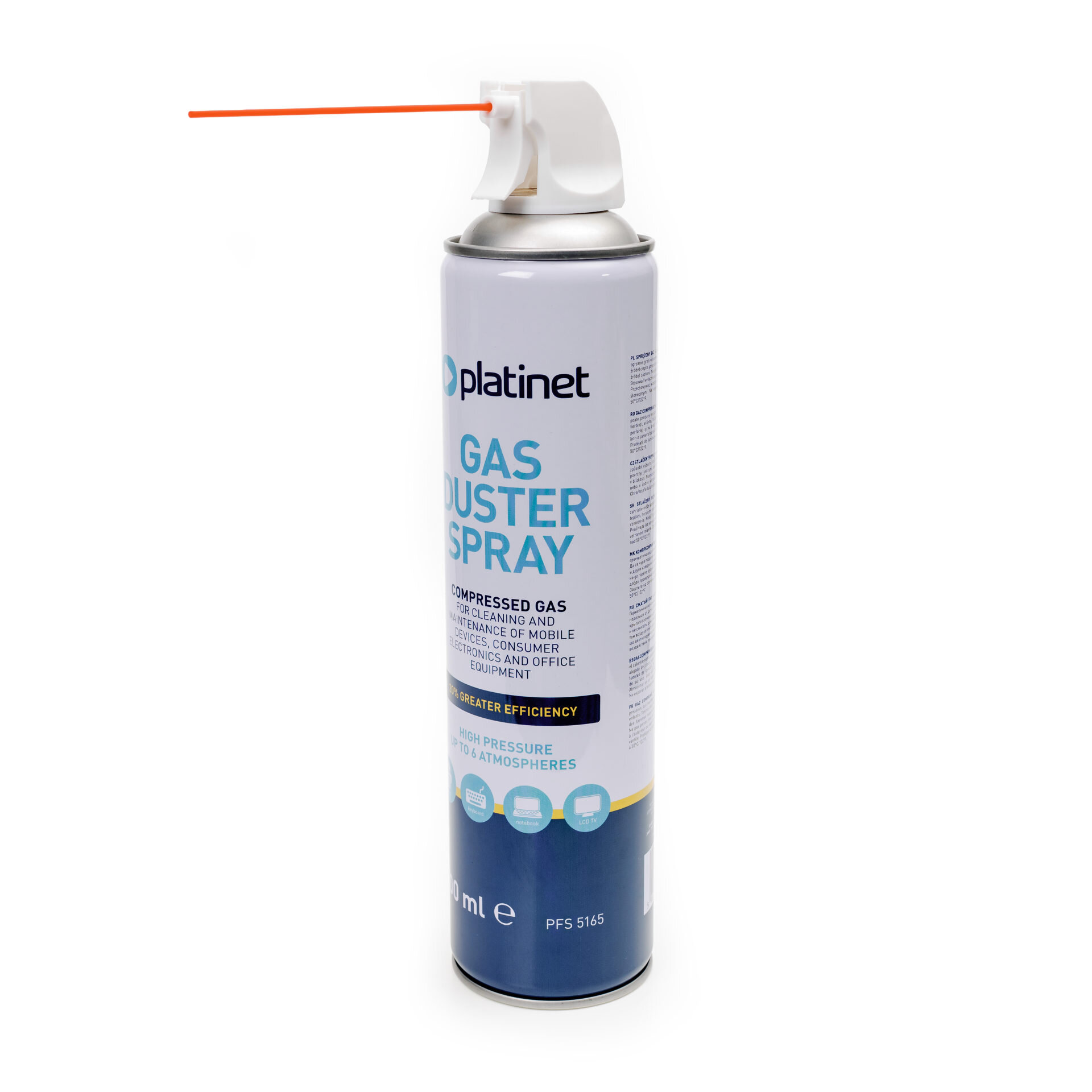 Na obrazie widoczna jest puszka z napisem \'platinet GAS DUSTER SPRAY\'. Puszka posiada biały aplikator z pomarańczową rurką.