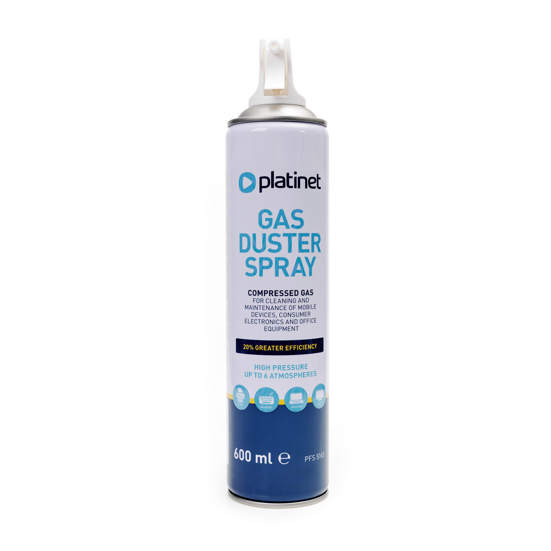 Na obrazie widoczna jest puszka z napisem \'platinet GAS DUSTER SPRAY\'. Pojemność wynosi 600 ml, a produkt jest przeznaczony do czyszczenia elektroniki.