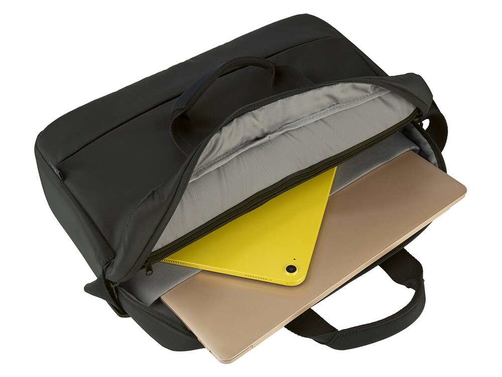 Czarne etui na laptopa z otwartą komorą, w której znajdują się żółty tablet i złoty laptop. Etui posiada uchwyt do przenoszenia.