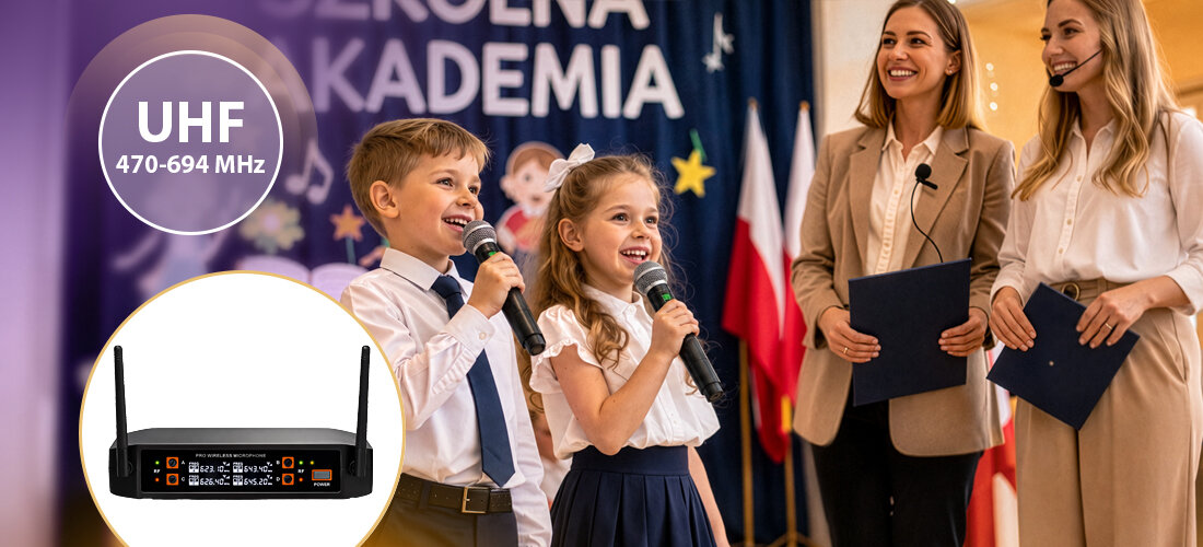 Dwoje dzieci i dwie kobiety trzymają mikrofony, stojąc na scenie z napisem \'Zielona Akademia\' w tle. Obok widoczny jest obrazek urządzenia z antenami oraz napis \'UHF 470-694 MHz\'.