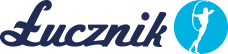 Logo przedstawia napis \'Łucznik\' w ciemnoniebieskim kolorze obok niebieskiego okręgu z białą sylwetką osoby z łukiem.