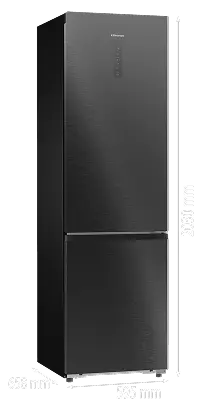 Czarna lodówka z dwoma drzwiami, na górze widoczny napis \'HISENSE\'. Obok lodówki podane wymiary: 595 mm, 2030 mm, 658 mm.