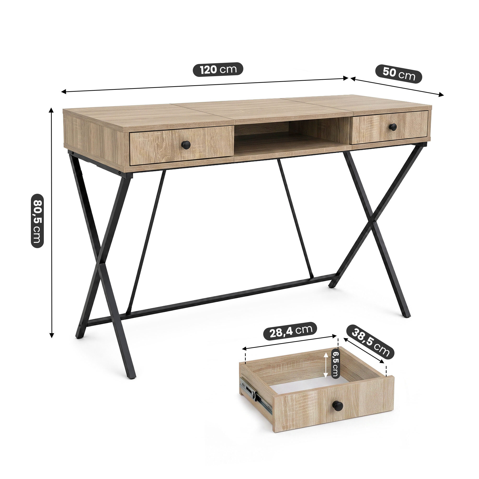Biurko w stylu industrialnym z blatem w kolorze dębu Sonoma, posiada dwie szuflady i jedną półkę. Wymiary biurka to 120 cm szerokości, 50 cm głębokości i 80,5 cm wysokości, a szuflady mają wymiary 28,4 cm na 38,5 cm na 6,5 cm.