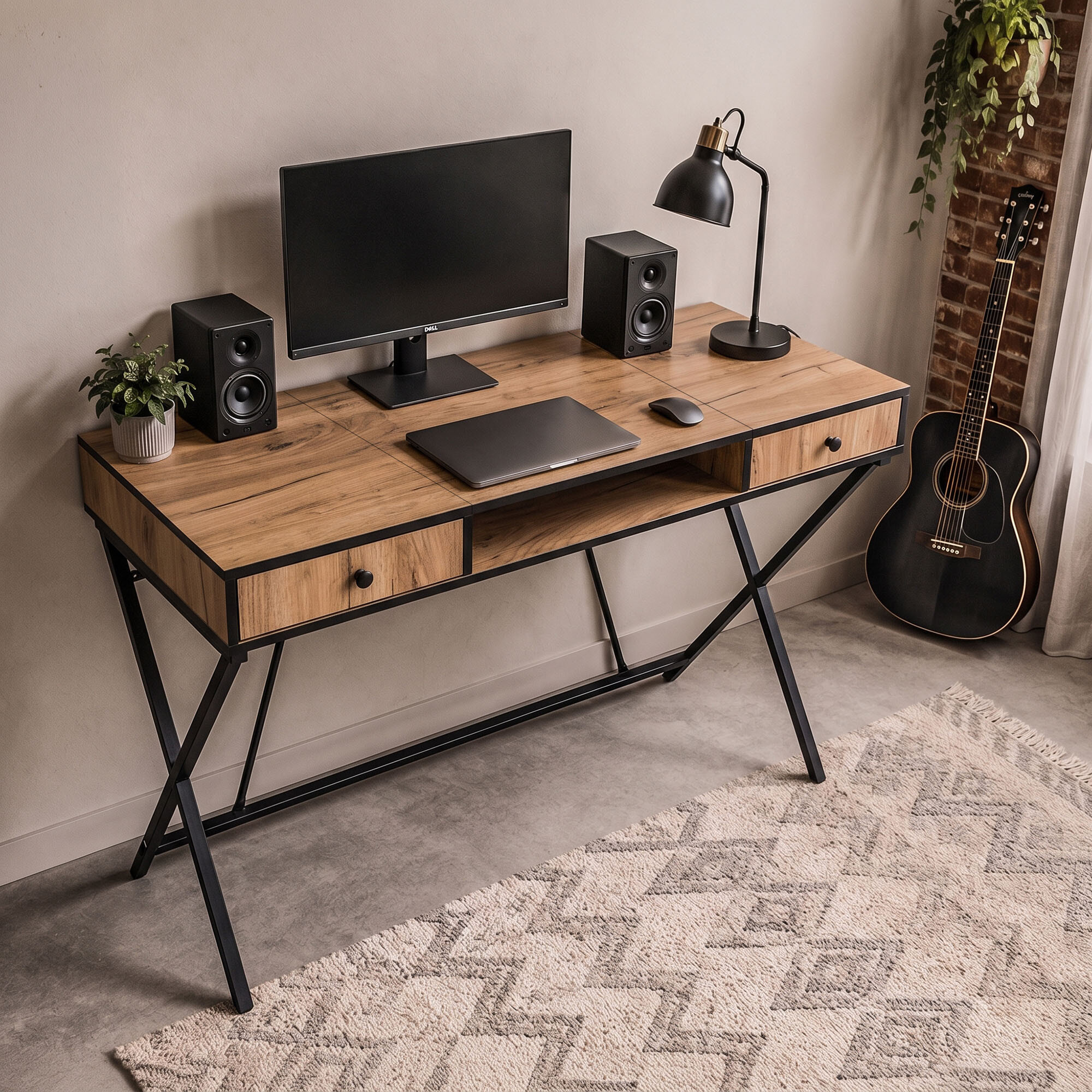 Biurko w stylu industrialnym z blatem w kolorze dębu i czarnymi nogami, wyposażone w dwa głośniki, monitor, lampkę, laptop i myszkę. Obok biurka stoi gitara, a na podłodze leży dywan z geometrycznym wzorem.