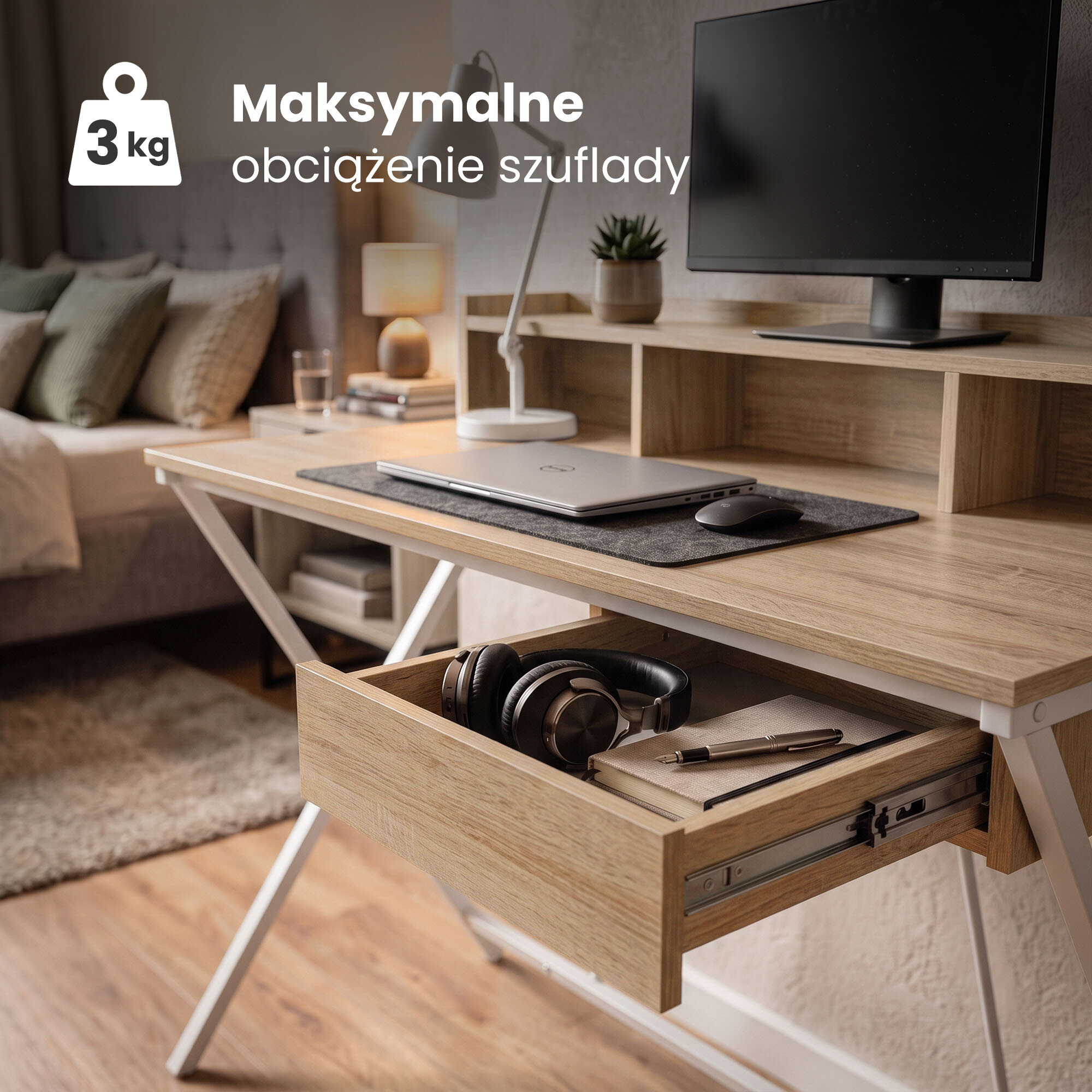 Biurko w stylu industrialnym z blatem w kolorze dębu Sonoma, wyposażone w jedną szufladę i półkę, z białymi nogami. Na obrazie widoczny jest tekst: \'Maksymalne obciążenie szuflady 3 kg\'.