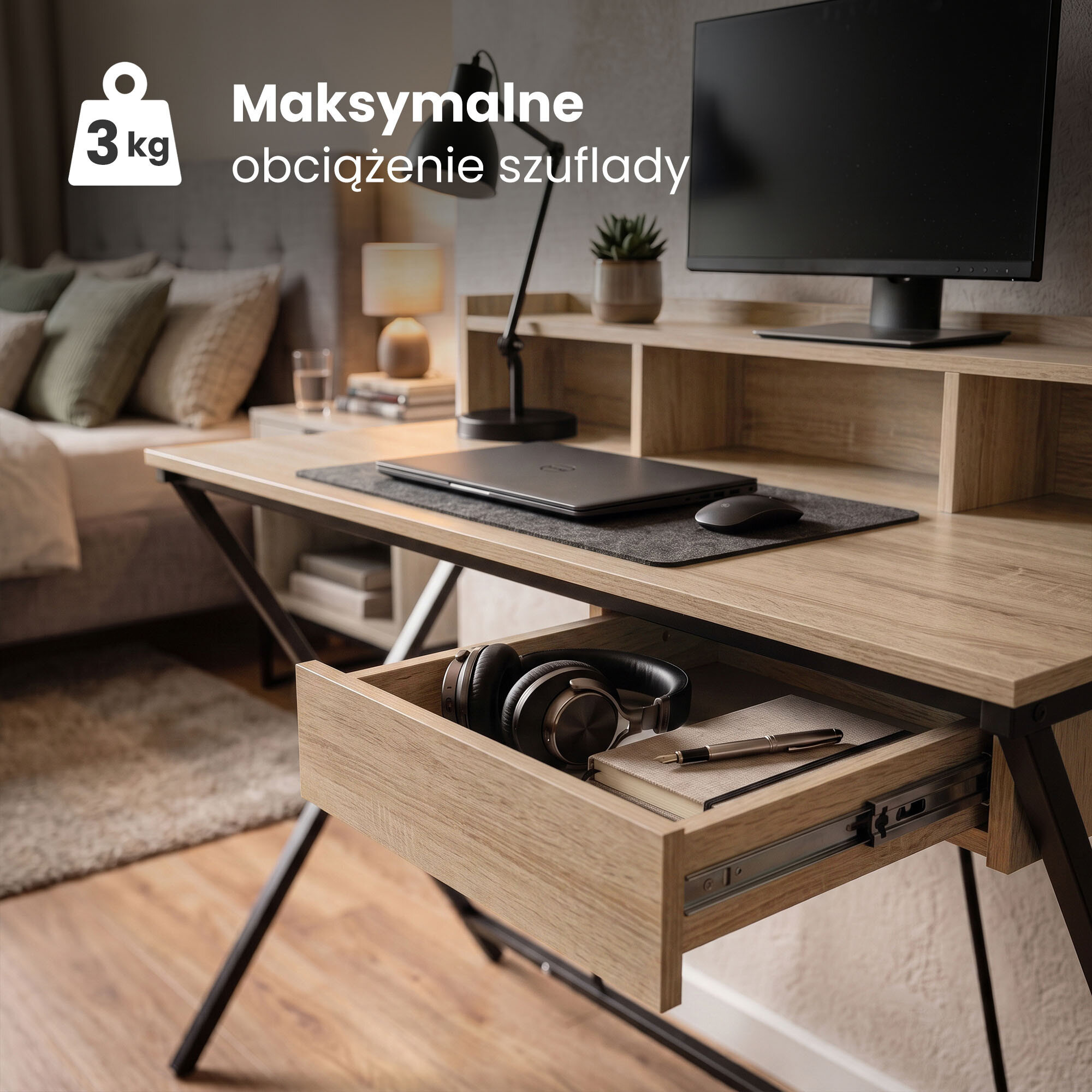 Biurko w stylu industrialnym z blatem w kolorze dębu Sonoma, wyposażone w jedną szufladę i półkę, z czarnymi nogami. Na obrazie widoczny jest napis: \'Maksymalne obciążenie szuflady 3 kg\'.