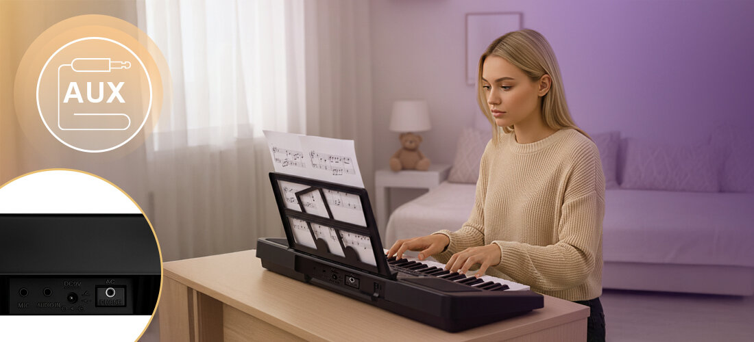 Osoba gra na czarnym keyboardzie z nutami na stojaku, w jasnym pokoju z łóżkiem i lampką. W rogu widoczna jest ikona z napisem \'AUX\' oraz zbliżenie na panel z gniazdami i przyciskiem zasilania.