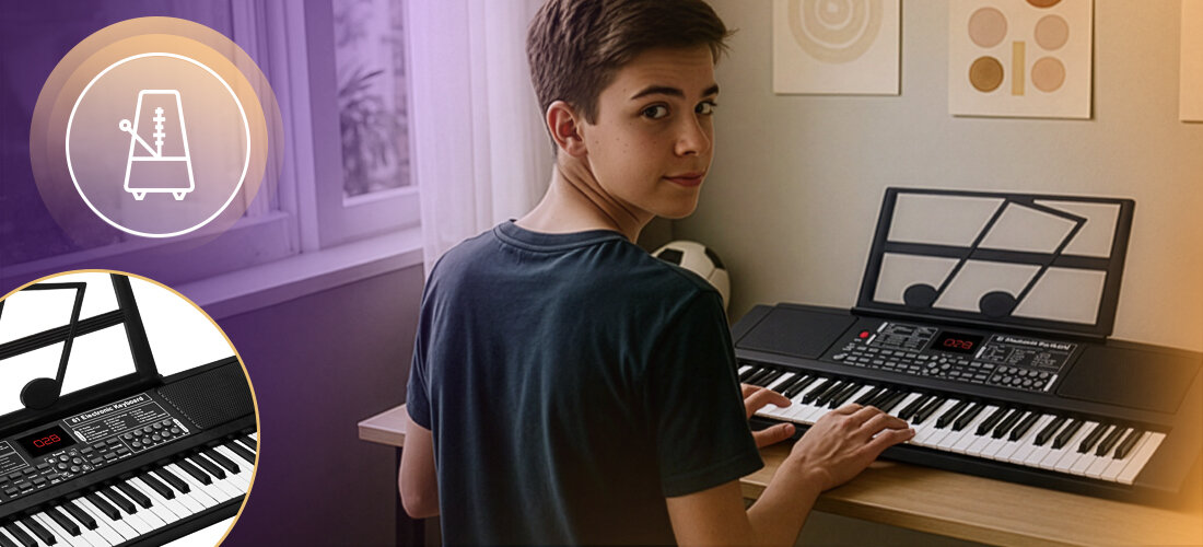 Osoba siedzi przy biurku, grając na czarnym keyboardzie z nutami na stojaku. W lewym dolnym rogu widoczna jest ikona metronomu.