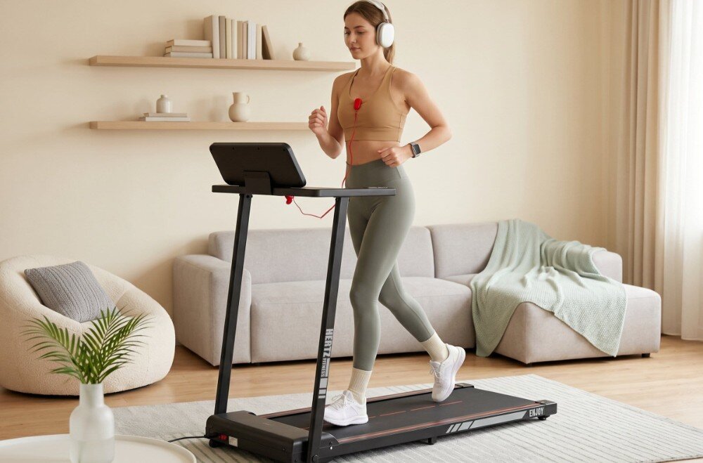 Bieżnia elektryczna HERTZ FITNESS Enjoy 735W 10km-h, kobieta na bieżni