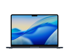 Laptop z wyświetlaczem pokazującym abstrakcyjną grafikę z niebieskimi i żółtymi odcieniami. Obudowa jest w ciemnym kolorze, a na górnej krawędzi ekranu widoczny jest wcięcie na kamerę.