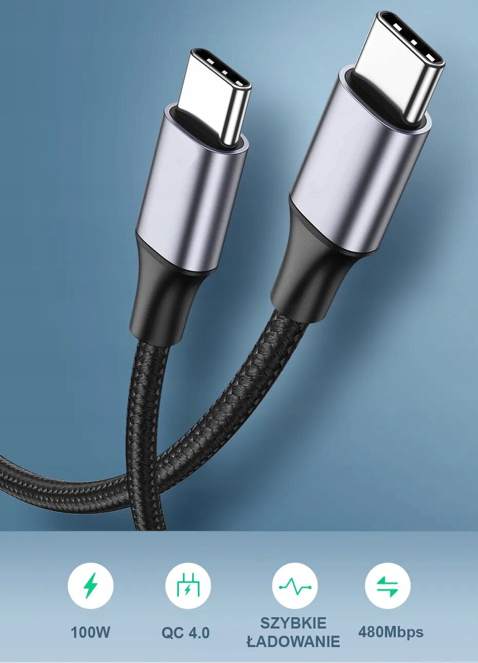 Obraz przedstawia dwa kable USB-C z metalowymi końcówkami i plecionym przewodem. Na dole widoczne są ikony z napisami: \'100W\', \'QC 4.0\', \'SZYBKIE ŁADOWANIE\', \'480Mbps\'.